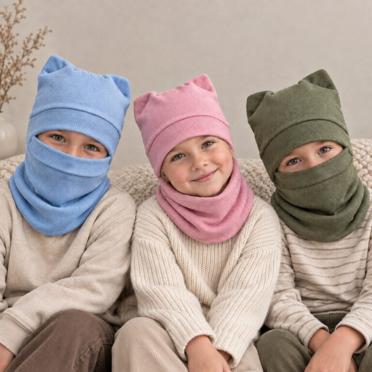 Medvilniniai šalmukai vaikams su ausytėmis - žydras, rožinis ir žalias